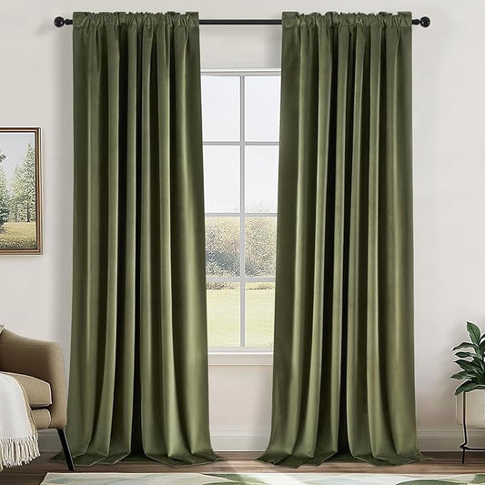 Topfinel Olive Green Velvet Curtains 96 Inches Long, Blackout Moss Green Dark Academia Unique Curtains Suede Boho Luxury Track Back Tab Drapes with Hooks for Living Room Bedroom Winter Christmas Decor