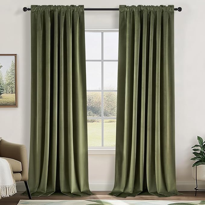 Topfinel Olive Green Velvet Blackout Curtains 108 Inches Long for Living Room Large Window, Soundproof Thermal Luxury Pleated Cold Blocking Boho Dark Green Curtains for Living Room 2 Panels,9 FT