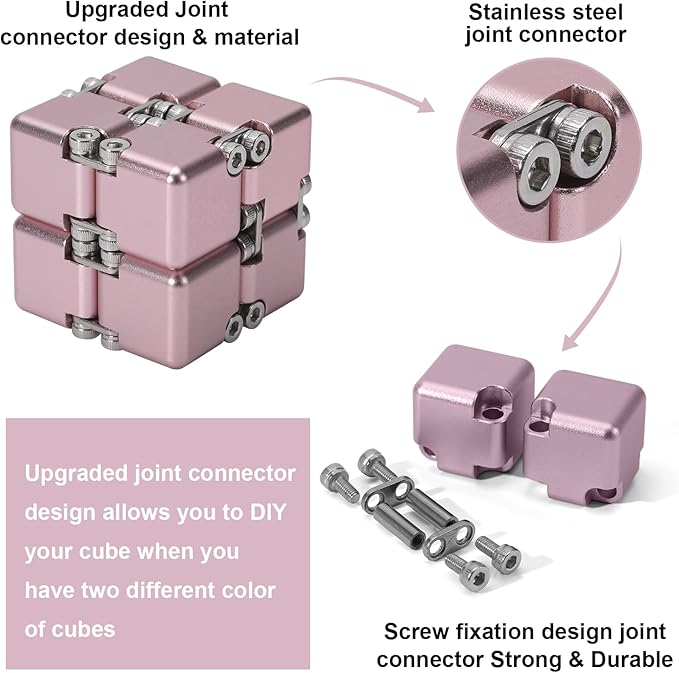 New Version Aluminum Alloy Metal Infinity Cube Fidget Cube Handheld Fidget Toy Desk Toy with Cool Case Infinity Magic Cube Relieve Stress Anxiety ADD ADHD OCD for Kids and Adults (Pink)