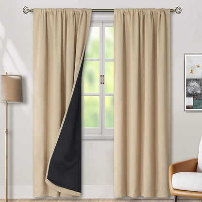 BGment Long Blackout Curtains for Living Room 90 Inch Length, Full Room Darkening Thermal Insulated Noise Reducing Window Curtains with Rod Pocket, 2 Panels, Each Panel 46 Inch Wide, Beige