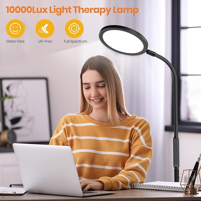 LASTAR Light Therapy Lamp 10000 Lux with Remote Control & Touch, Sunlight Lamp, Sun Lamp with 360° Flexible Gooseneck/4 Colors/5 Brightness/Timer/Memory