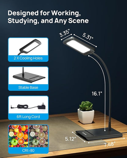 TROND Desk Lamp, Bright Dimmable Eye-Caring Table Lamp, 3 Color Modes 7 Brightness Levels, Flexible Gooseneck, Touch Control, Memory Function, Desk Light for Home Office Dorm Room Essentials