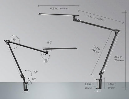 PHIVE LED Desk Lamp, Architect Task Lamp, Metal Swing Arm Dimmable Drafting Table Lamp with Clamp (Touch Control, Eye-Care Technology, Highly Adjustable Office, Craft, Studio, Workbench Light) Black