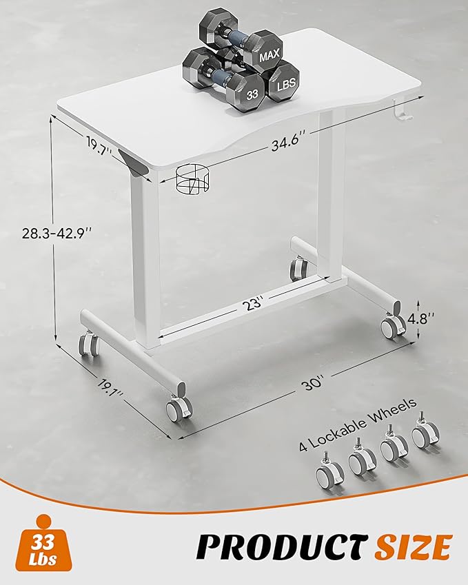 JOY worker Mobile Standing Desk, 35In Small Standing Desk with Curved Desktop, Pneumatic Height Adjustable Rolling Desk Holds Up to 33lbs, White Mobile Laptop Desk with Hook & Cup Holder