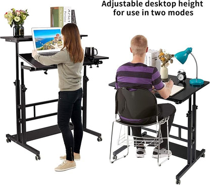 Hadulcet Mobile Standing Desk, Rolling Table Adjustable Computer Desk, Stand Up Laptop Desk Mobile Workstation for Home Office Classroom with Wheels, 31.49 x 23.6 in Black