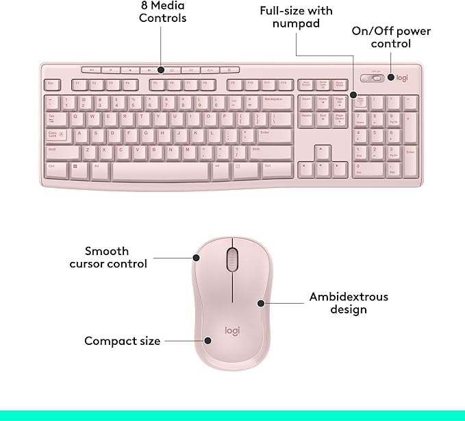 Logitech MK270 Wireless Keyboard and Mouse Combo for Windows, 2.4 GHz Wireless, Compact Mouse, 8 Multimedia and Shortcut Keys, 2-Year Battery Life, for PC, Laptop - Rose