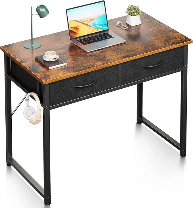 ODK Small Desk with Fabric Drawers- for Bedroom, Vanity Desk with Storage, Home Office Computer Desk for Small Spaces, 32 Inch Modern Work Writing Study Table, Vintage