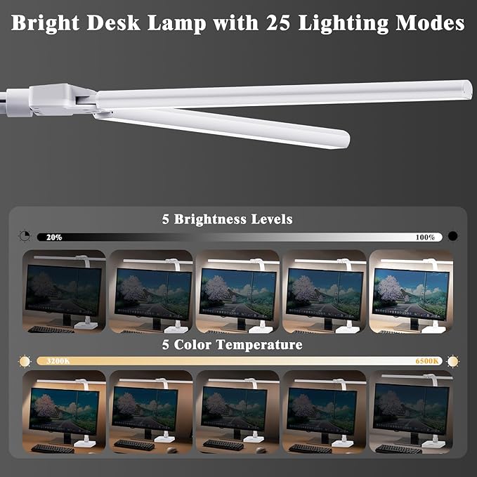 LED Desk Lamp for Home Office, 24W Bright Desk Lamp with Phone Holder Base - 25 Lighting Modes Eye-Caring Desk Light Adjustable Gooseneck Lamp for Workbench Drafting Reading Study-White