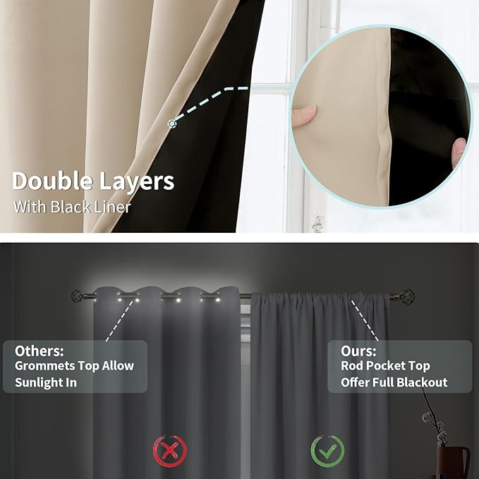 BGment Blackout Curtains for Bedroom 63 Inch Length, Thermal Insulated Full Room Darkening Soundproof Window Curtains Drapes with Rod Pocket, 2 Panels，Each Panel 42 Inch Wide, Champagne