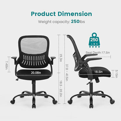 SMUG Office Computer Desk Chair, Ergonomic Mid-Back Mesh Rolling Work Swivel Task Chairs with Wheels, Comfortable Lumbar Support, Comfy Flip-up Arms for Home, Bedroom, Gaming, Study, Student, Black