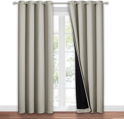 NICETOWN Natural 100% Blackout Window Curtain Panel, Cold and Full Light Blocking Drape with Black Liner for Nursery, 84 inches Drop Thermal Insulated Draperies (1 Piece, 52 inches Wide Each Panel)