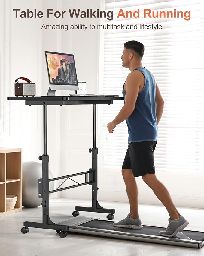 Small Standing Desk Adjustable Height, Mobile Stand Up Desk with Wheels, 32 Inch Portable Rolling Desk Small Computer Desk, Portable Laptop Desk Standing Table Sit Stand deep Black