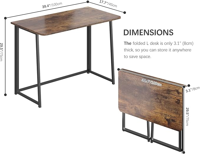 4NM 39.4" Small Folding Desk, Simple Assembly Computer Desk Home Office Desk Study Writing Table for Small Space Offices - Rustic Brown and Black