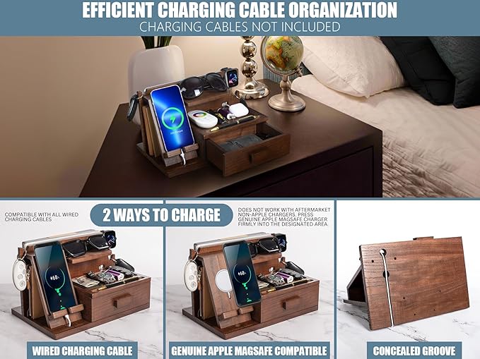 Wood Phone Docking Station with Drawer, Compatible With Apple Watch and MagSafe - Wood Charging Station Organizer Stand, Bedside Nightstand Organizer for Men, Holds Phone, Tablet, Keys, Glasses, EDC