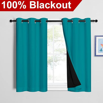 NICETOWN Peacock Teal 100% Blackout Curtains 45 inches Long, 2 Thick Layers Completely Blackout Window Treatment Thermal Insulated Lined Drapes for Small Window (1 Pair, 42 inches Width Each Panel)