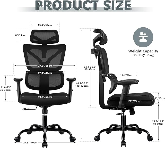 Office Chair Ergonomic Desk Chair, High Back Gaming Chair, Big and Tall Reclining Comfy Home Office Chair Lumbar Support Breathable Mesh Computer Chair Adjustable Armrests (Black)