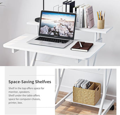 Dripex Computer Desk for Small Spaces, 27.5 inch Small Computer Desk, 3 Tier Compact Desk with Monitor Shelf and Bottom Storage Shelves, Space Saving Desk, White