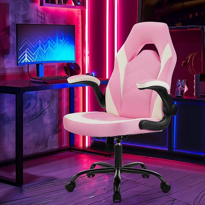 Sweetcrispy Computer Gaming Desk Chair - Pink Ergonomic Office Executive Adjustable Swivel Task PU Leather Racing Chair with Flip-up Armrest for Adults, Kids, Men, Girls, Gamer, White Pink