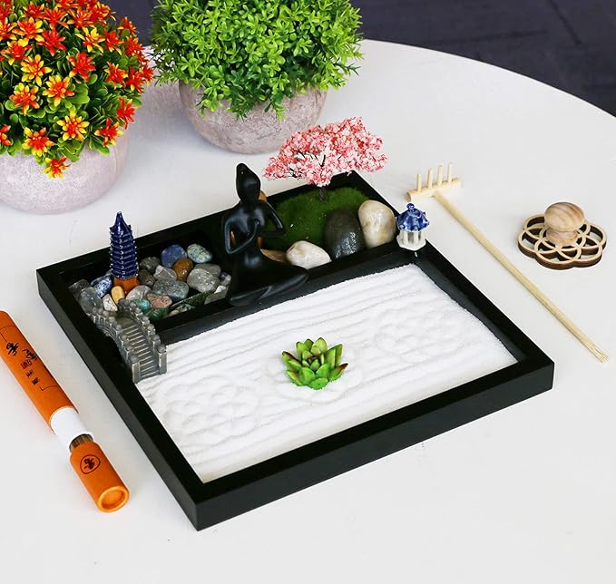 Desktop Meditation Yoga Zen Garden Kit Japanese Tabletop Rock Sand Chakra Shrine Altar Japanese Zen Decor Home Office Desk Zen Gifts for Women Man Birthday w/Rake Tool Accessories Bonsai