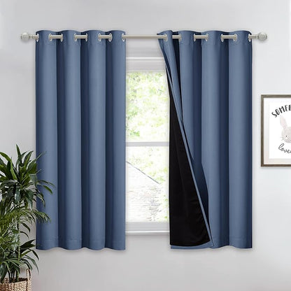 NICETOWN 100% Blackout Curtain with Black Liner, Thermal Insulated 2-Layer Lined Drape, Room Warming Small Window Drapery for Dining Room (Stone Blue, 1 Panel, 52 inches W by 54 inches L)