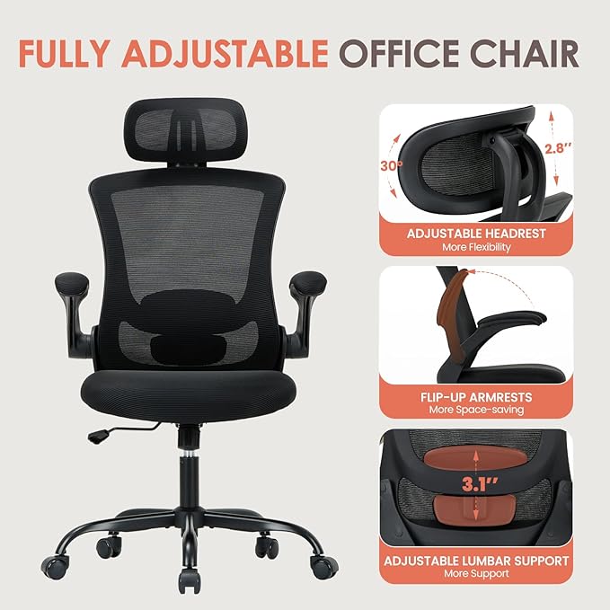 Ergonomic Mesh Office Chair, High Back Executive Desk Chair with Adjustable Headrest and Lumbar Support, Flip-Up Arms, Rocking, Swivel Rolling Computer Mesh Chair for Home Office-All Black