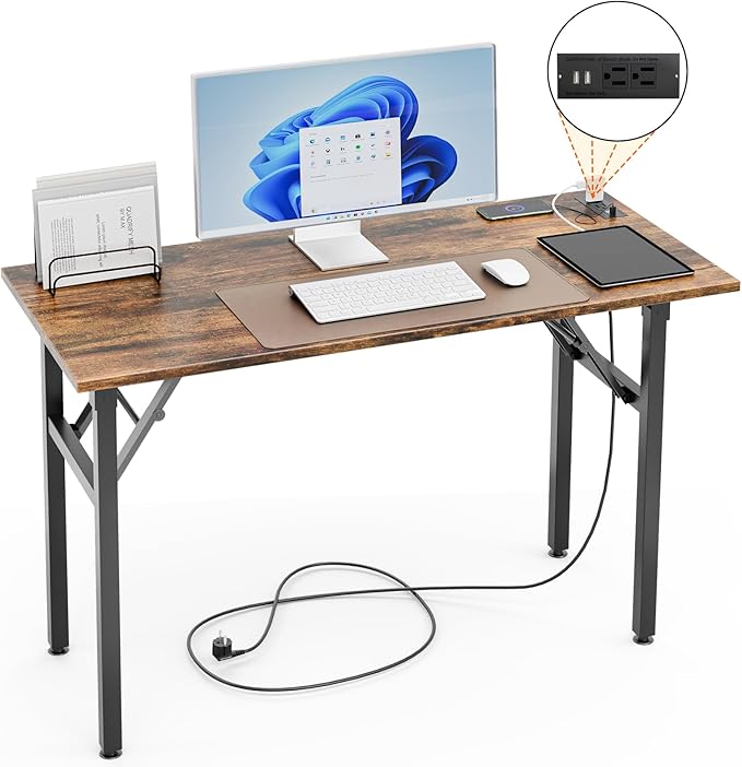 TEMI Folding Desk with USB & Socket 31.5", Computer Desk with Outlet for Home Office, Folding Table for Bedroom, Office Desk for Small Space, Small Desk with Black Frame, Rustic Brown