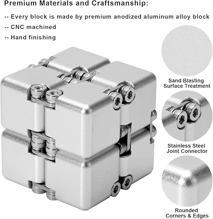 Aluminum Alloy Metal Infinity Cube Fidget Cube (6 Colors) Handheld Fidget Toy Desk Toy with Cool Case Infinity Magic Cube Relieve Stress Anxiety ADHD OCD for Kids and Adults (Silver)