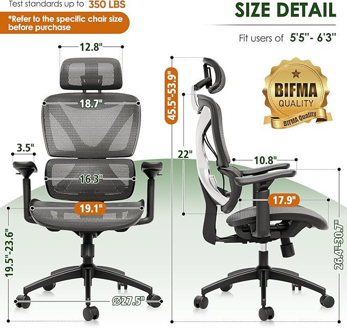 GABRYLLY Ergonomic Office Chair, Big and Tall Mesh Chair with Lumbar Support, 3D armrest - 215° Rotation, Adjustable Headrest & Soft Seat, Durable Desk Chair 350LBS for Work Gaming Computer,Grey