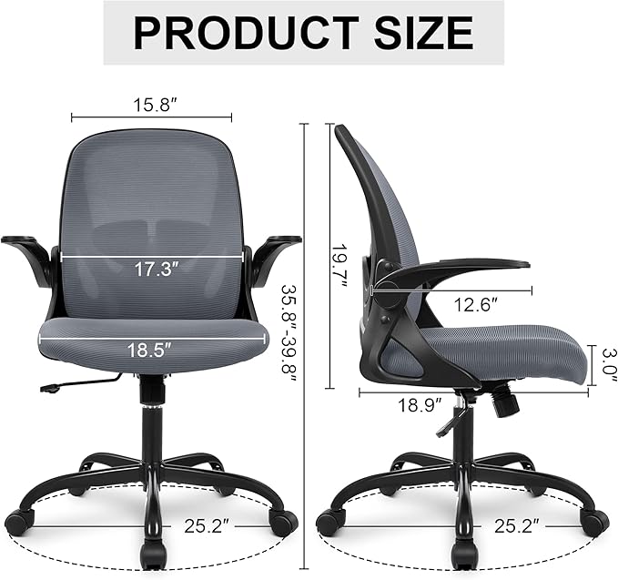 Primy Office Chair Ergonomic Desk Chair with Adjustable Lumbar Support and Height, Swivel Breathable Desk Mesh Computer Chair with Flip up Armrests for Conference Room（Dark Gray）