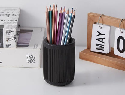 Aesthetic Concrete Pen Holder for Desk - Sturdy Charcoal Black Modern Handmade Fluted Cement Pencil Holder for Desk- Cute Striped Pen Cup Organizer - Minimalist Modern Office Decor - 1 PC