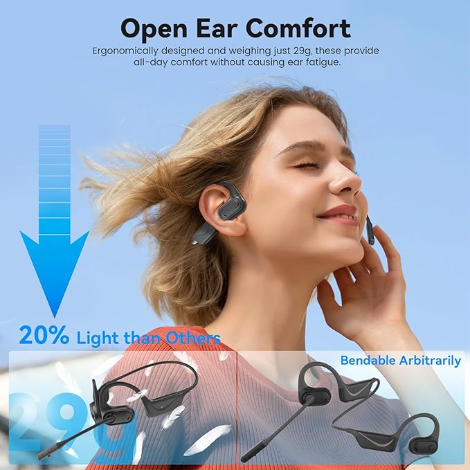 MONODEAL Open Ear Headphones with Mic, Lightweight Bluetooth 5.4 Headset with Microphone Noise Cancelling Mute Button, Wireless Headset Earphones for Work, Driving, Home Office, Workouts