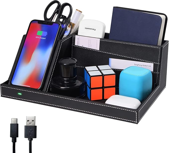 Topmade Fast Wireless Charger with Desk Organizer USB Charging Station,Wireless Charging Station, Desk Storage,for iPhone 15/14/13/12/Xs MAX/XR/XS/X/8, Samsung S10/S9/S9+/S8/S8+ and More(Black)