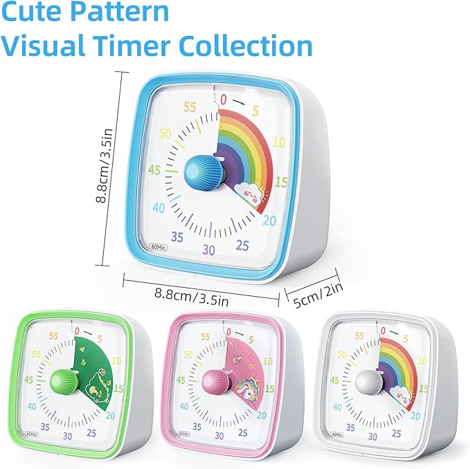 Yunbaoit Visual Timer with Night Light, 60-Minute Countdown Timer for Kids and Adults, Silent Classroom Timer, Pomodoro Timer with Rainbow Pattern for Home, School, Kitchen, or Office (Blue)