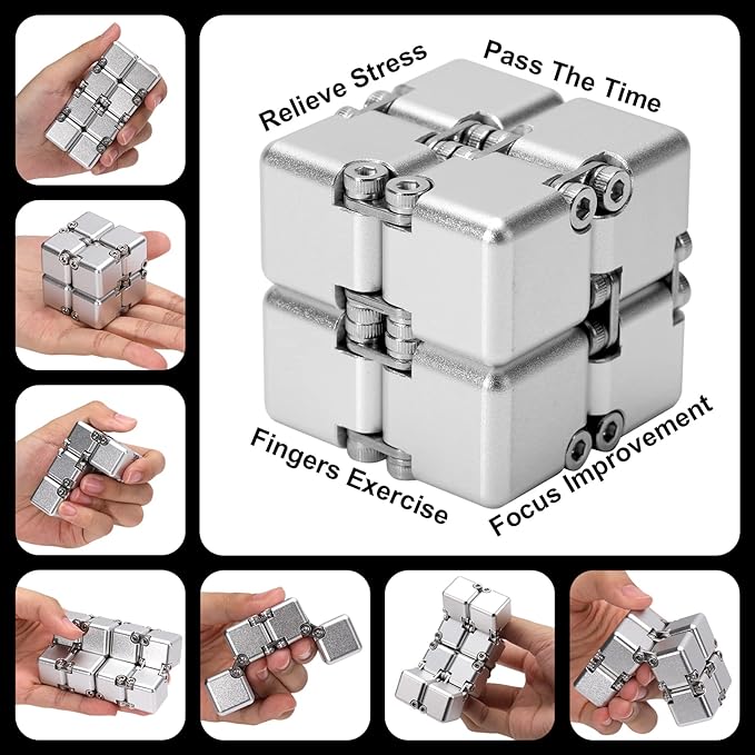 Aluminum Alloy Metal Infinity Cube Fidget Cube (6 Colors) Handheld Fidget Toy Desk Toy with Cool Case Infinity Magic Cube Relieve Stress Anxiety ADHD OCD for Kids and Adults (Silver)