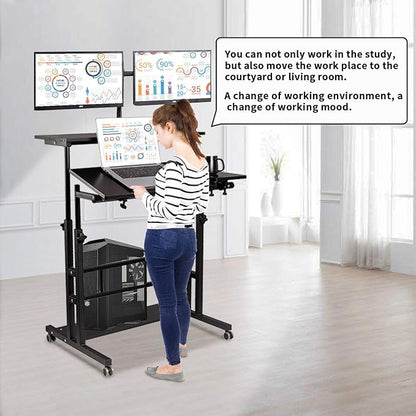 Hadulcet Mobile Standing Desk, Rolling Table Adjustable Computer Desk, Stand Up Laptop Desk Mobile Workstation for Home Office Classroom with Wheels, 31.49 x 23.6 in Black