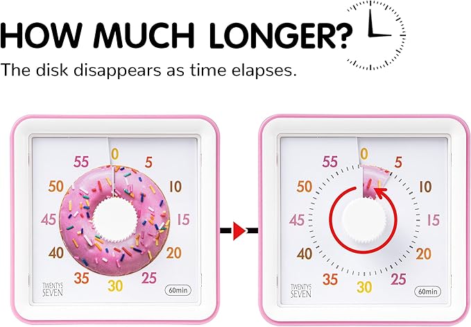 Visual Timer with Protective Case, 60-Minute Countdown Timer for Kids Autism ADHD Classroom Home Office, Countdown Clock for Teaching Work Meeting Time Management with Pink Donut Pattern