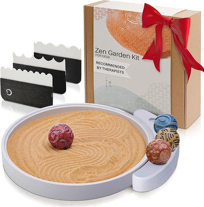 ENSO Japanese Zen Garden Kit for Desk - Inori Premium Sand Garden Gift Set for Meditation Therapy - Mini Zen Décor Office Desktop Accessories - Solid Wood Tray, 4 Hand Crafted Spheres & Custom Holder