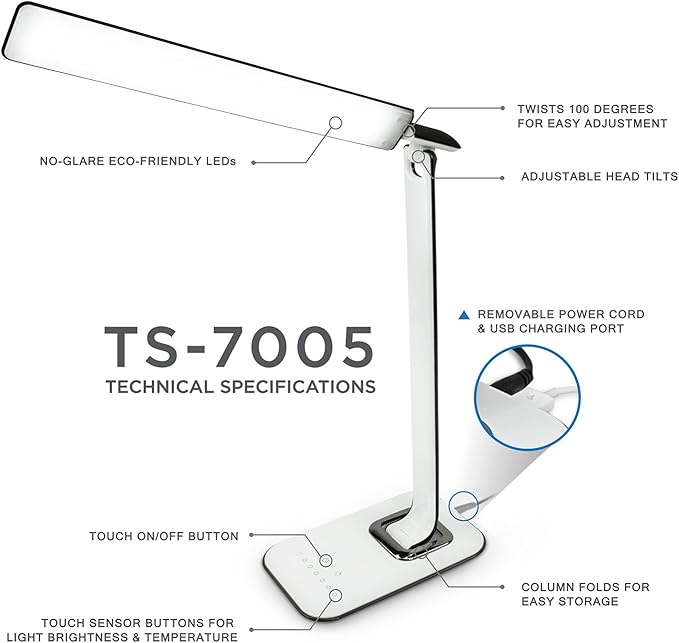 LED Desk Lamp With USB Charging Port Dimmable Touch Controls w/Color Adjustment, Eye Care Task Lamp, 5W, 1000 Lux,Multicolor