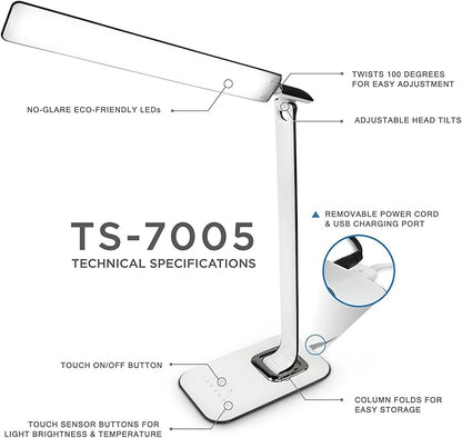 LED Desk Lamp With USB Charging Port Dimmable Touch Controls w/Color Adjustment, Eye Care Task Lamp, 5W, 1000 Lux,Multicolor