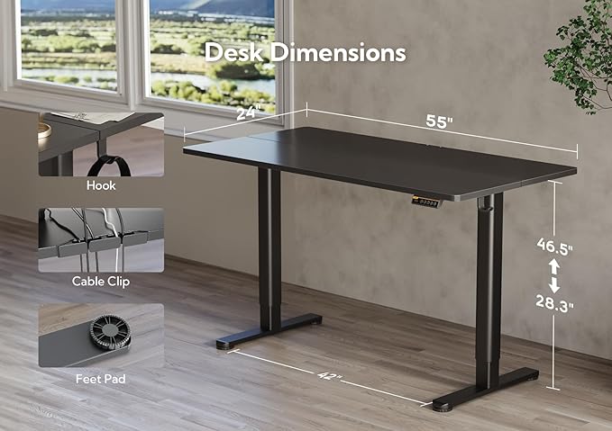 Electric Standing Desk, Adjustable Height Stand up Desk, 55x24 Inches Sit Stand Home Office Desk with Splice Board, Black Frame/Black Top