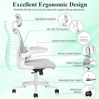 SUNNOW Ergonomic Office Chair, Comfy Mesh Desk Chair, High Back Computer Gaming Chairs with Adjustable Lumbar Support, Flip-Up Arms, Headrest, Tilt Function, Wide Cushion, Swivel Rolling Wheel (Grey)