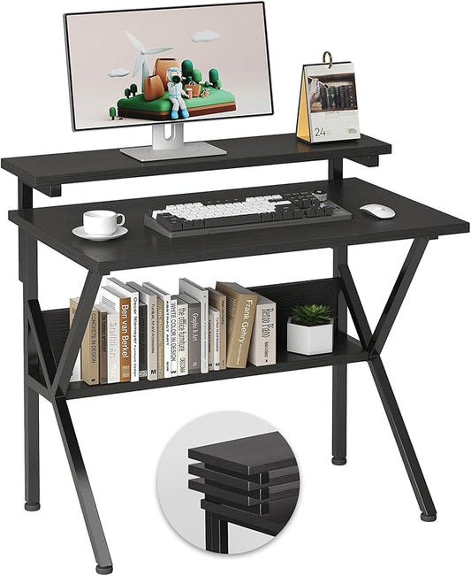 COTUBLR Small Desk, 27.5 Inch Small Computer Desk for Small Spaces, Computer Desk with Adjustable Monitor Stand, Compact Desk with Storage, Tiny Desk Study Desk for Bedroom Home Office, Black