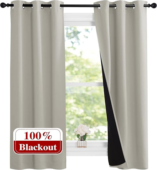 NICETOWN Natural 100% Blackout Lined Curtains, 1 Pair, 37" Width x 60" Length Each Panel, 2 Thick Layers Narrow Wide Window Treatment Panels Thermal Insulated Drapes for Kitchen Small Window