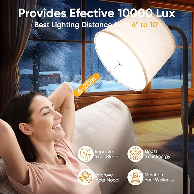 Light Therapy Lamp, 10000 Lux Light Therapy Lamp with Remote, Adjustable Color/Brightness/Timer, Modern Light Therapy Floor Lamp with Linen Shade for Office, Living Room, Bedroom