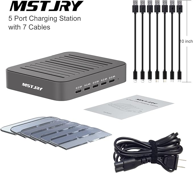 Charging Station for Multiple Devices, MSTJRY 5 Port Multi USB-A Charger Station with Power Switch Designed for iPhone iPad Cell Phone Tablets (Gray, 7 Mixed Short Cables Included)