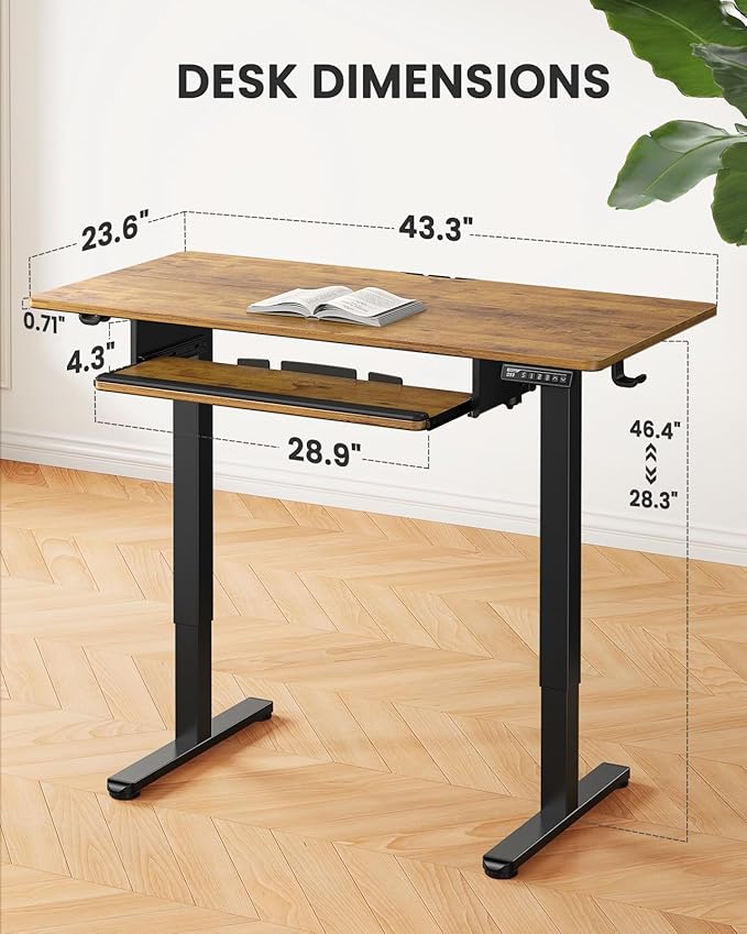 ErGear Electric Standing Desk with Keyboard Tray, 44x24 Inches Adjustable Height Sit Stand Up Desk, Home Office Desk Computer Workstation, Vintage Brown