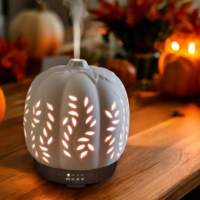 Earnest Living Essential Oil Diffuser Ceramic Diffuser for Halloween Fall Autumn Pumpkin 250ml Timers Night Lights and Auto Off Home Office Humidifier Aromatherapy Diffusers for Essential Oils