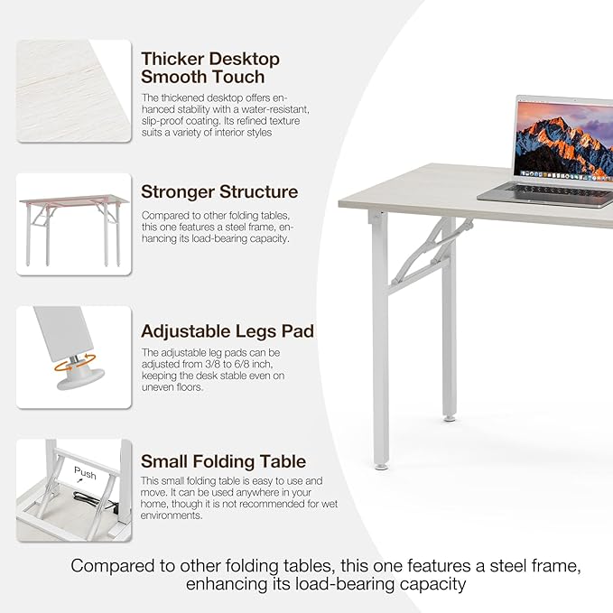 TEMI Small Computer Desk Folding Table - 43.3" Foldable Office Desk, No Assembly, Perfect for Small Spaces in Bedroom, Dorm, or Apartment, Portable Mini Desk or Study Table with Compact Design, White