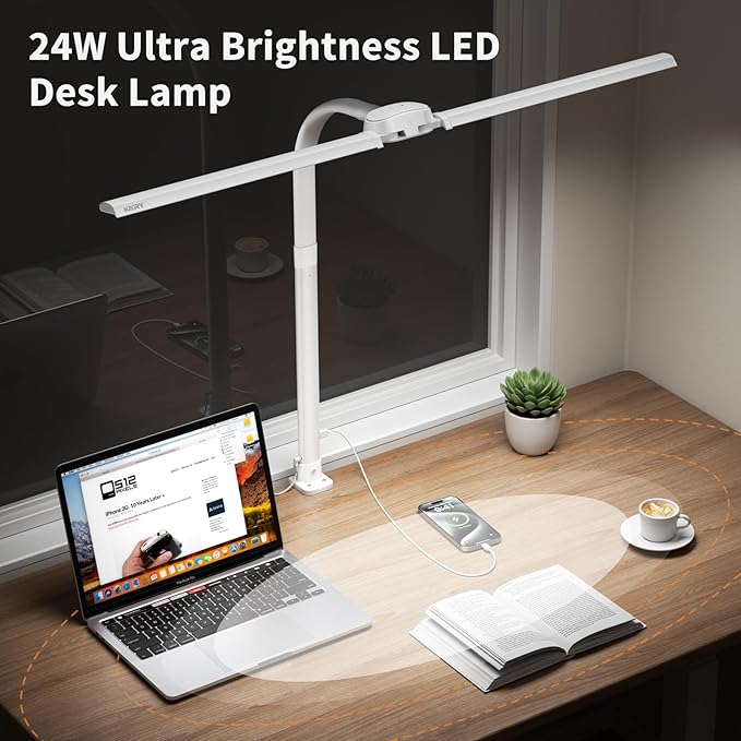 Led Desk Lamp with USB Charging Port Architect Task Dual Lamps for Home Office with Atmosphere Lighting, 24W Ultra Bright Modern Flexible Gooseneck Tall Table Light 5 Color Modes for Drafting Reading