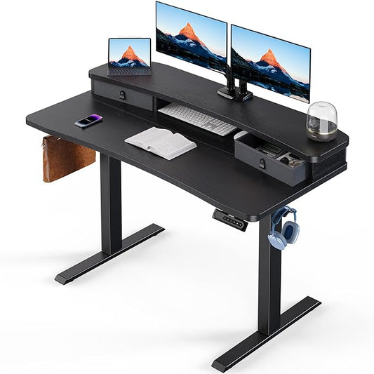 HUANUO 48″ x 24″ Electric Standing Desk with 2 Drawers, C-Clamp Mount Compatible, Height Adjustable Computer Desk, Home Office Stand Up Desk with 4 Preset Heights & 2 Hooks, Black